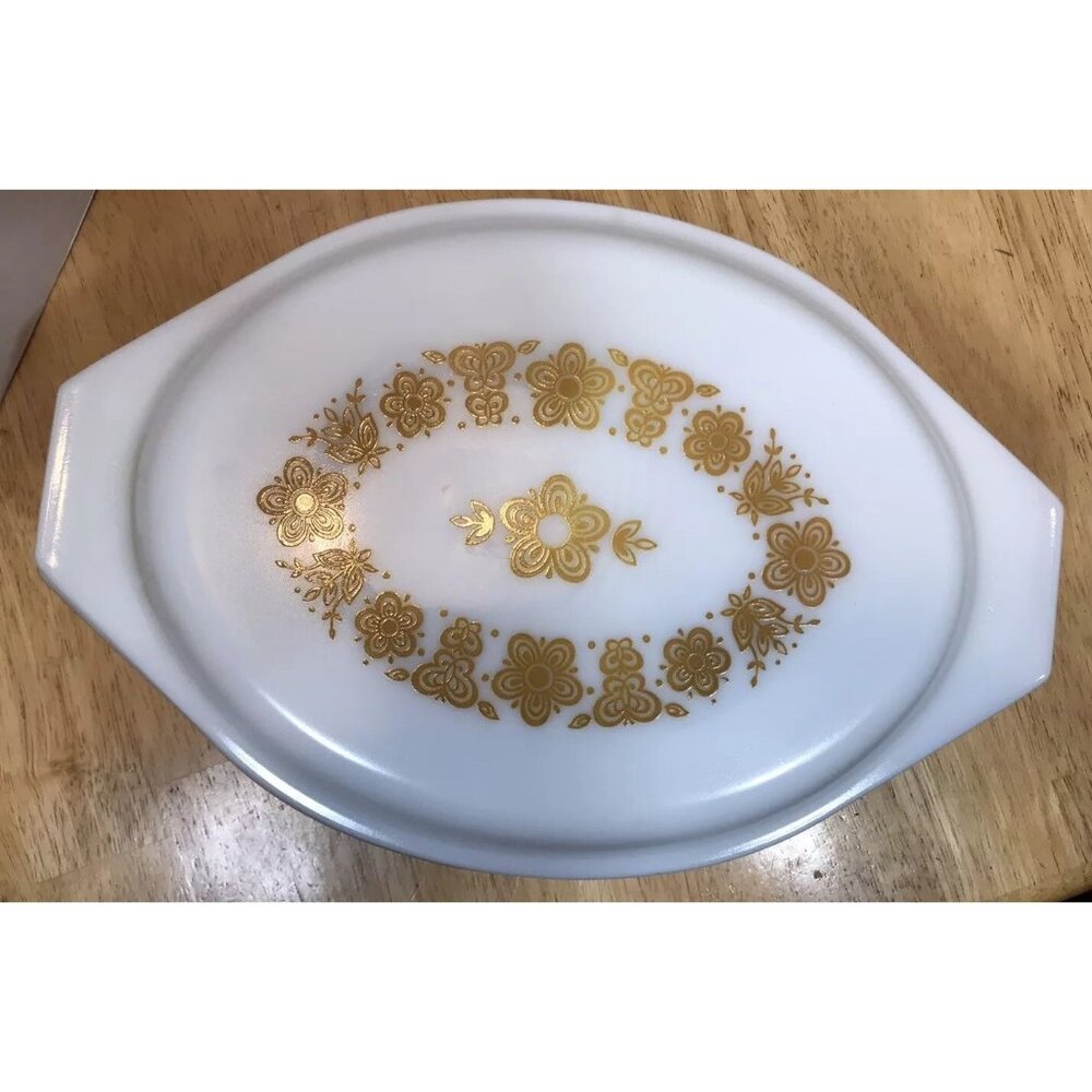 Vintage Pyrex 2 1/2 Quart Butterfly Gold Oval Casserole Baking Dish With Lid EUC